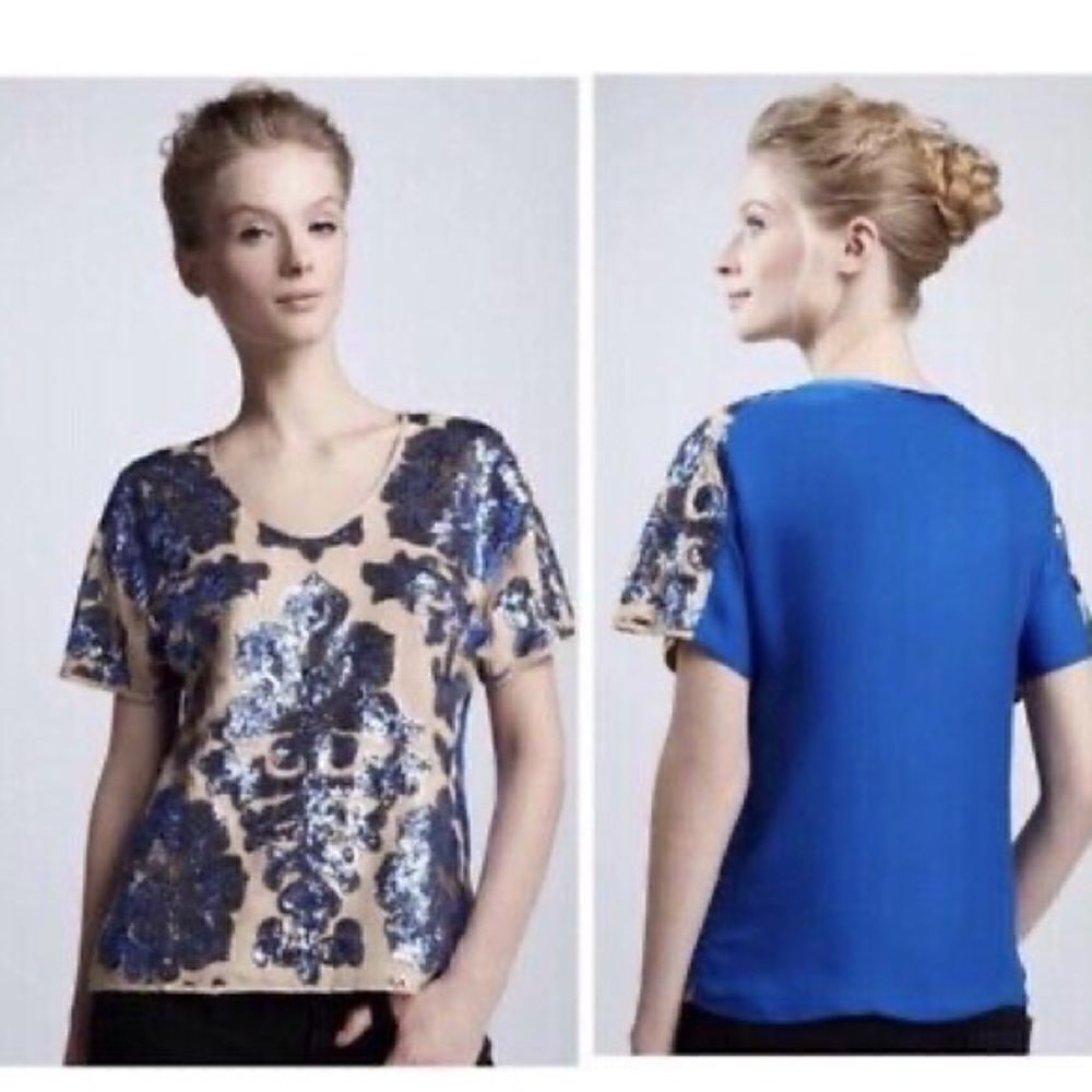 Tracy Reese Blouse Neiman Marcus Target Sequin Top Royal Blue Beige Tan New